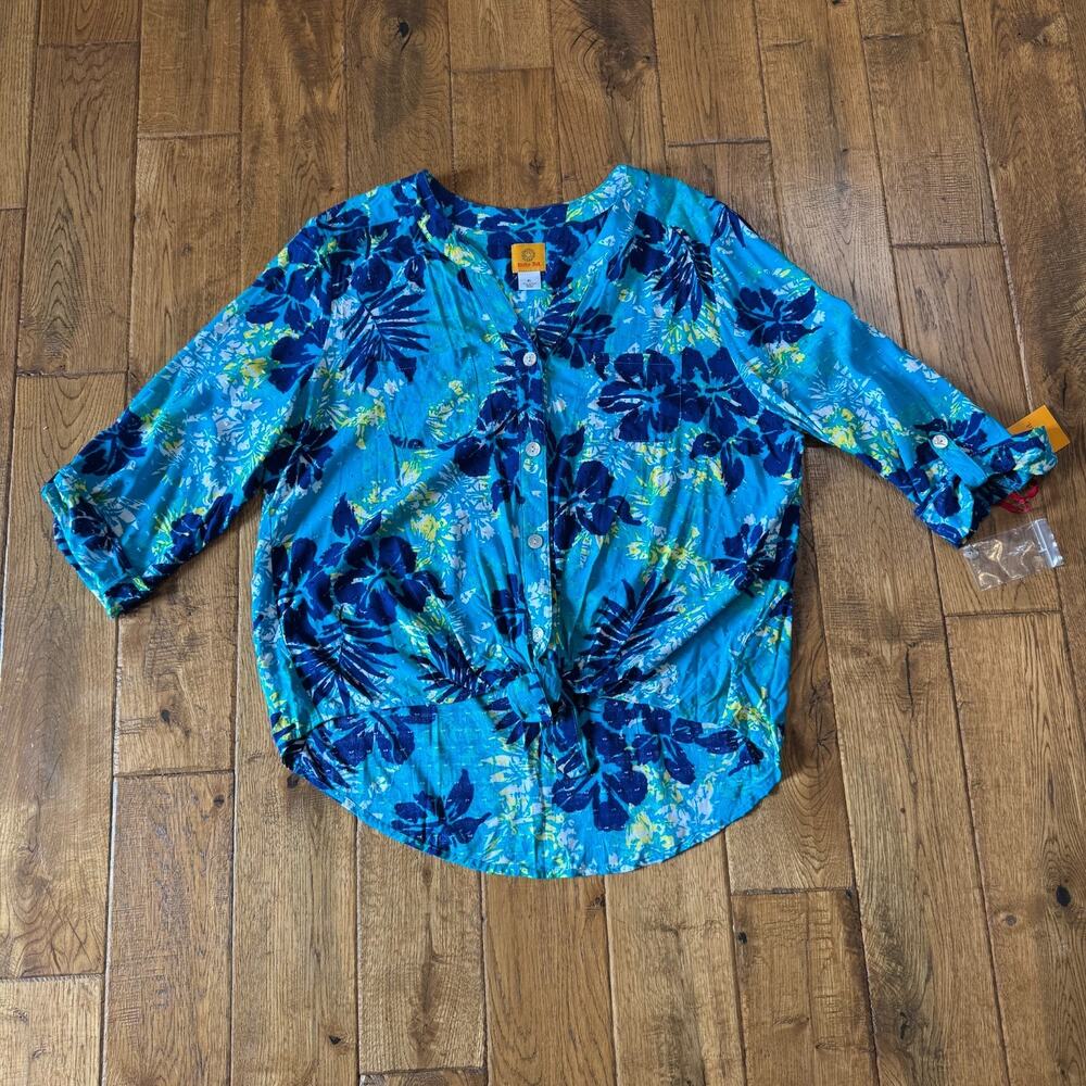 NWT Ruby Rd. Amalfi Coast Tropical Floral Tie Button Front Blouse Womens Sz L